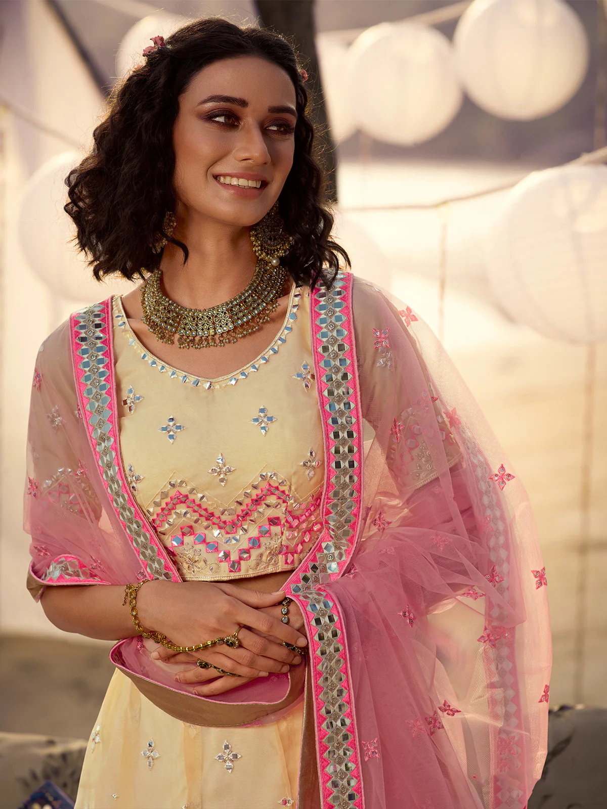 Odette Beige Embroidered Organza Semi Stitched Lehenga With Blouse For Women - Image 2