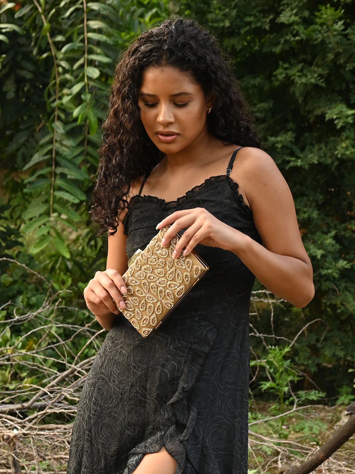 Odette Beige Faux Stone Embellished Clutch Bag For Women - Image 2