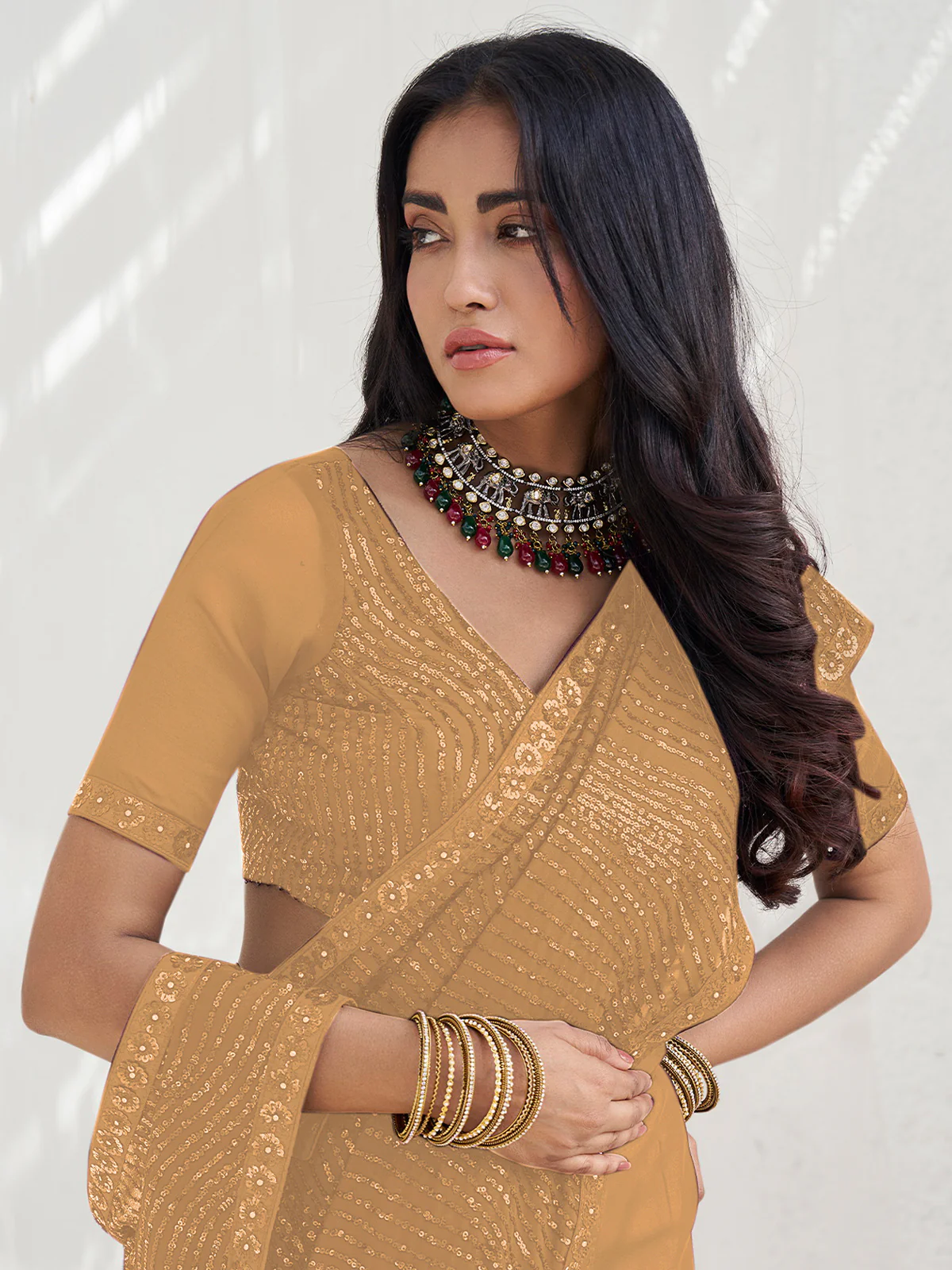 Odette Beige Georgette Embellished Saree With Unstitched Blouse For Women - Image 2