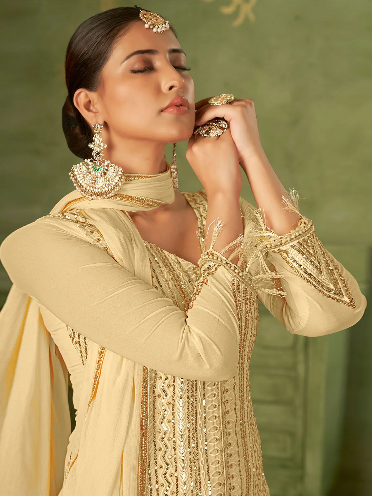 Odette Beige Georgette Embellished Semi Stitched Kurta Set For Women - Image 2