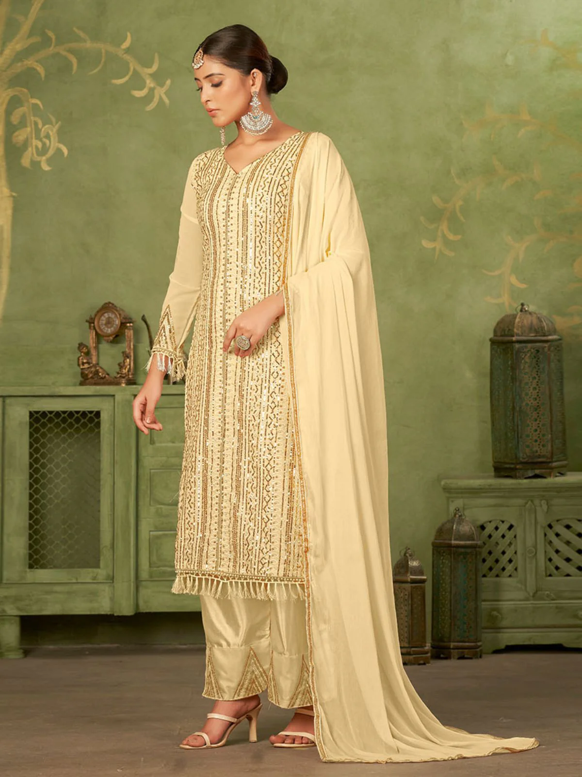 Odette Beige Georgette Embellished Semi Stitched Kurta Set For Women - Image 3