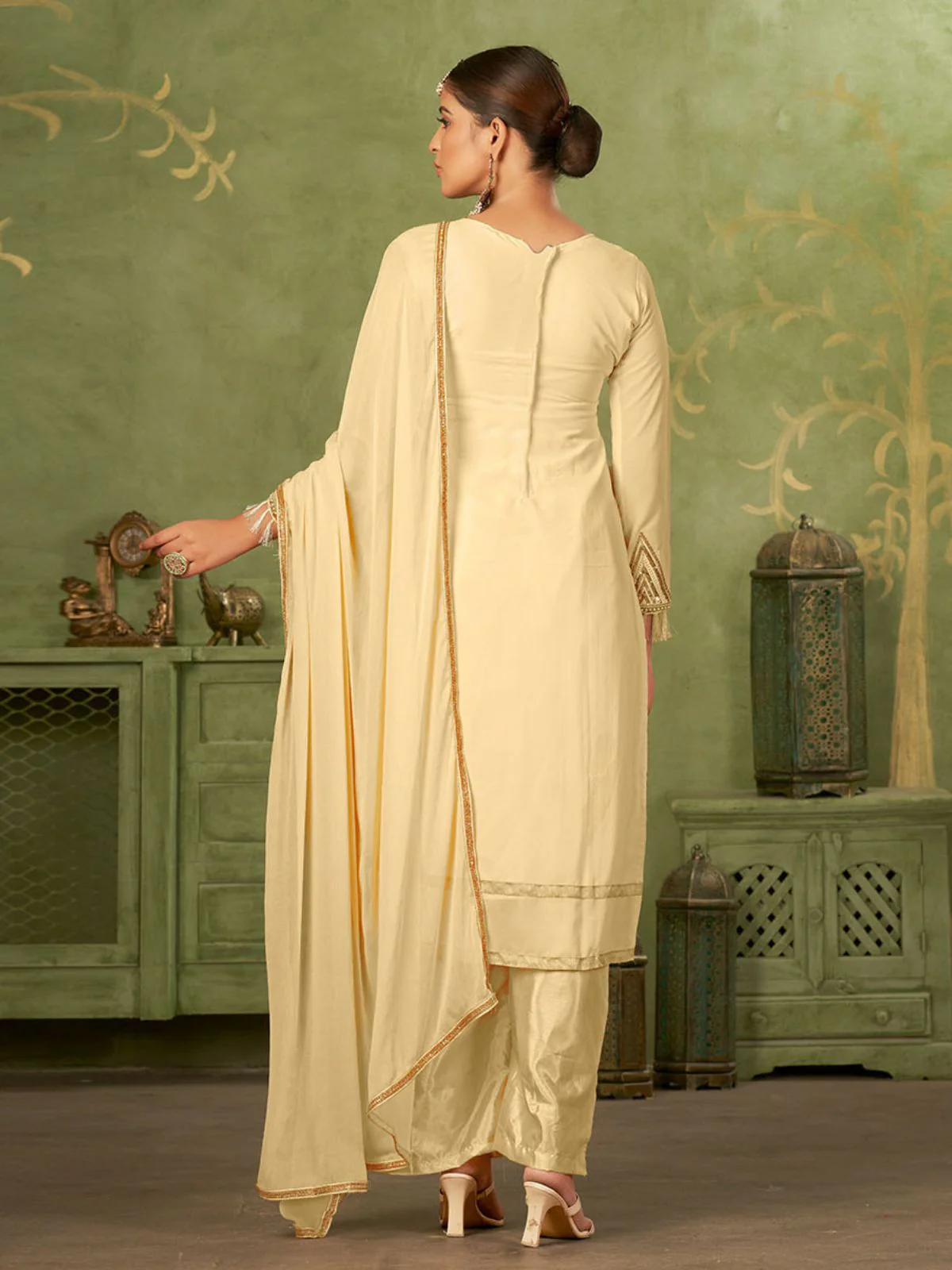Odette Beige Georgette Embellished Semi Stitched Kurta Set For Women - Image 4