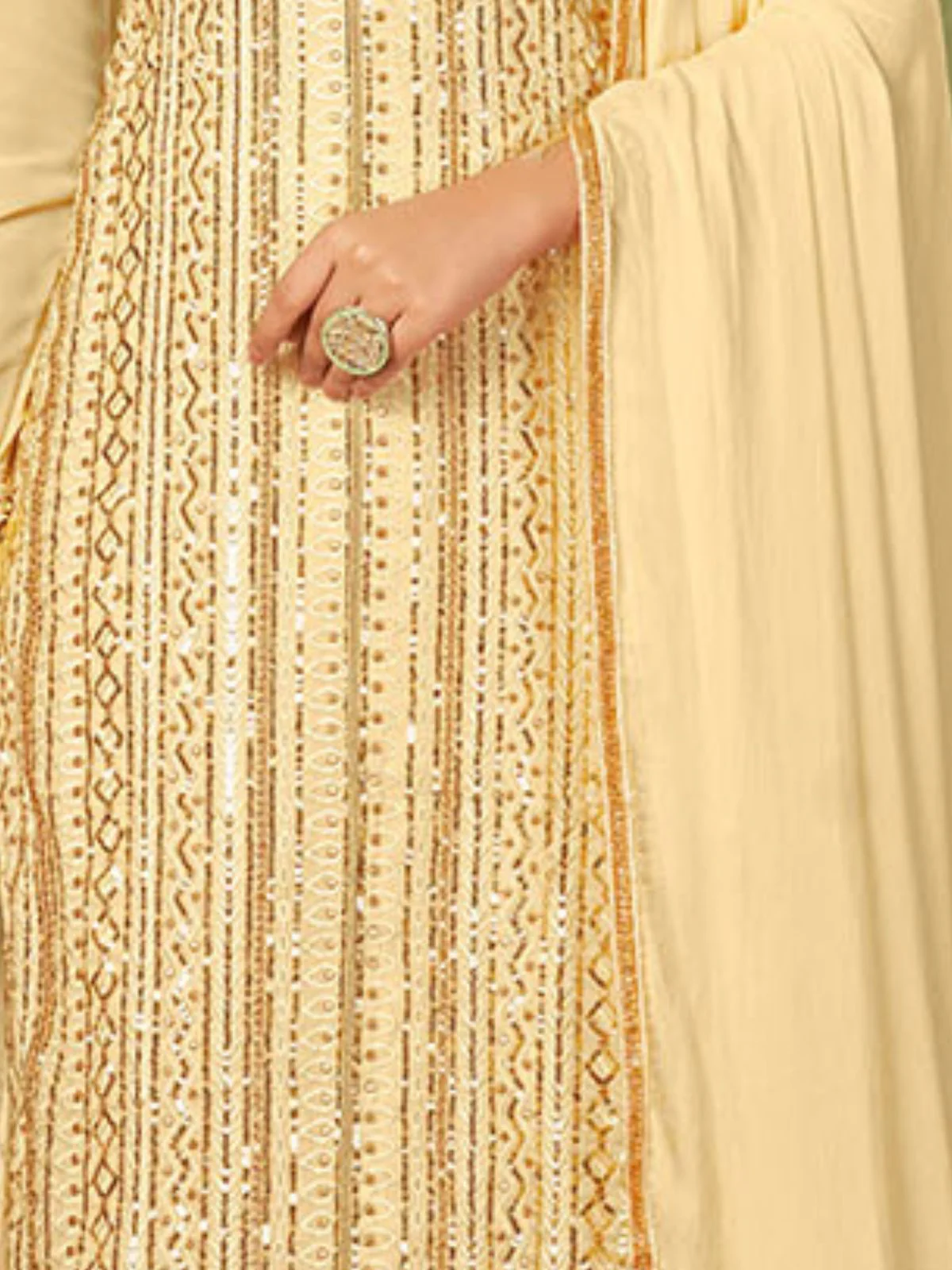 Odette Beige Georgette Embellished Semi Stitched Kurta Set For Women - Image 5