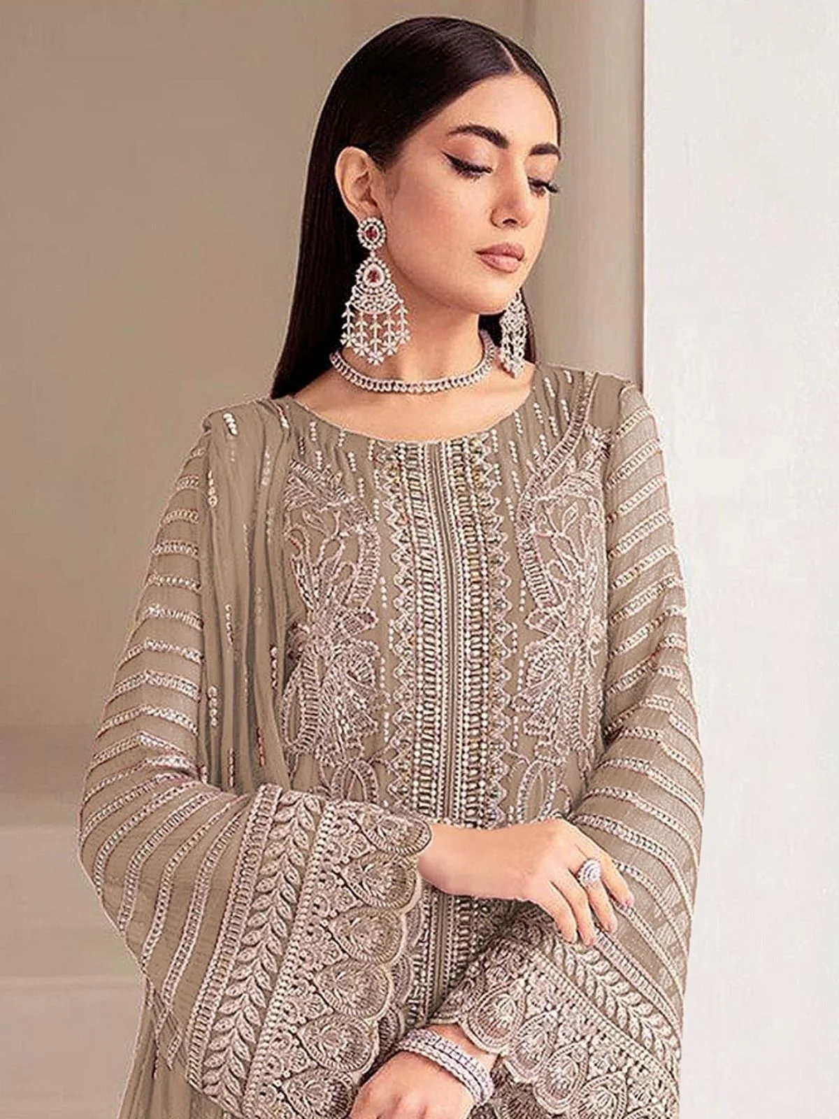 Odette Beige Georgette Embellished Semi Stitched Kurta Set For Women - Image 2