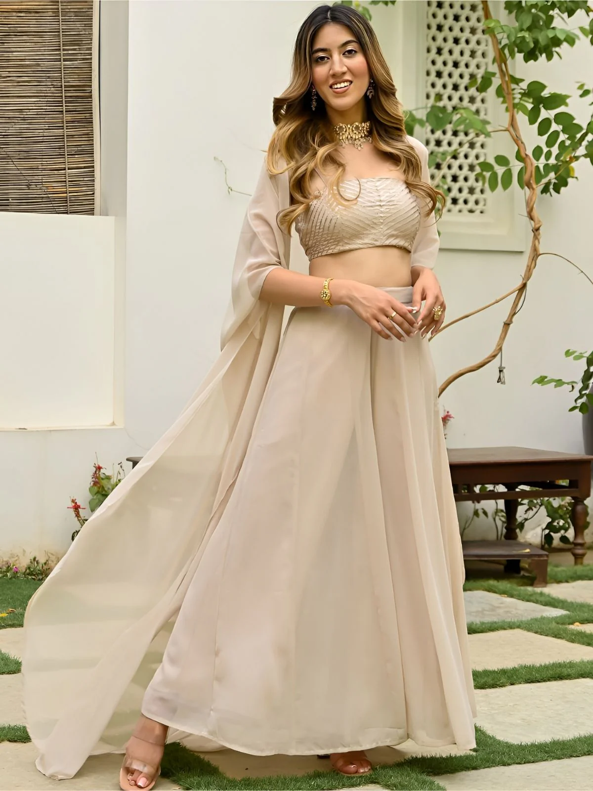 Odette Beige Georgette Embroidered Co-Ord Set For Women - Image 2
