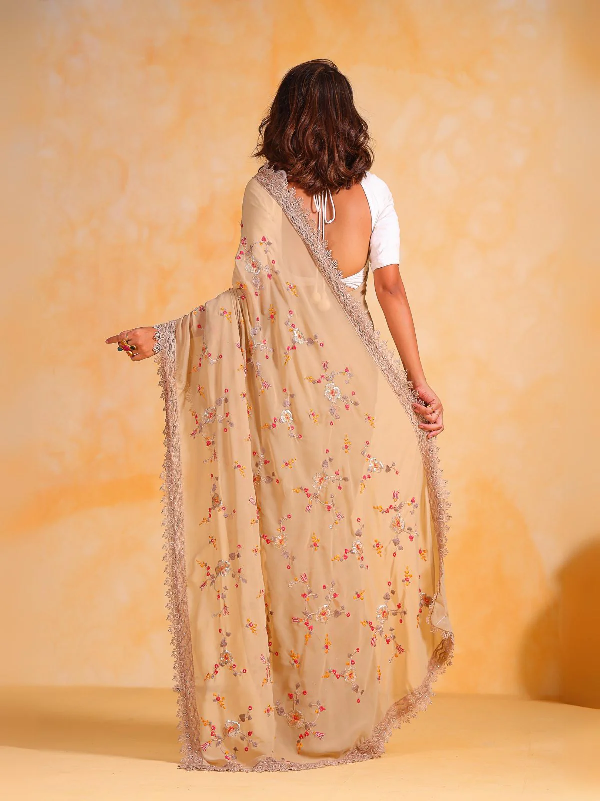 Odette Beige Georgette Embroidered Saree With Unstitched Blouse For Women - Image 4