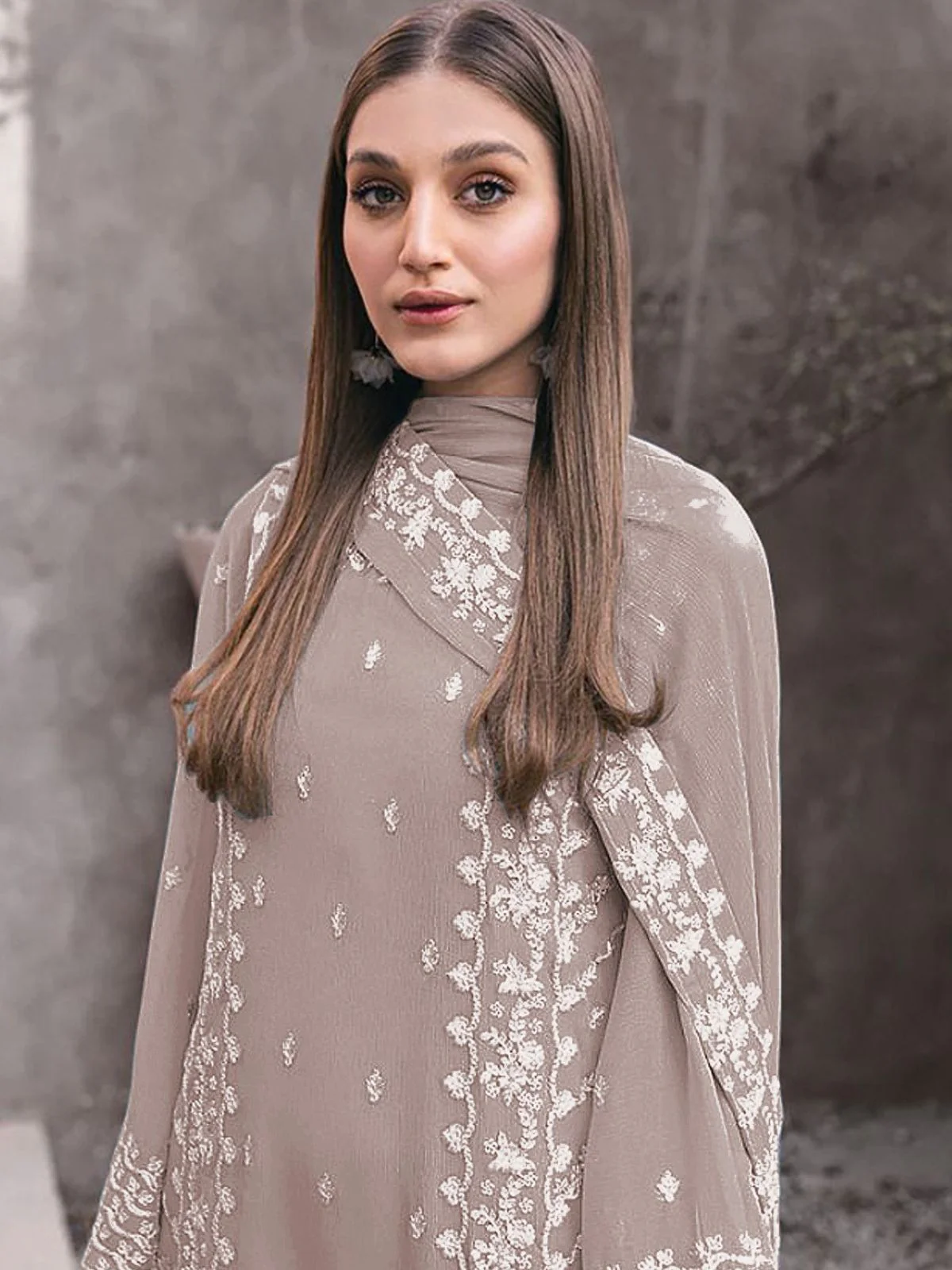 Odette Beige Georgette Embroidered Semi-Stitched Kurta Set For Women - Image 2