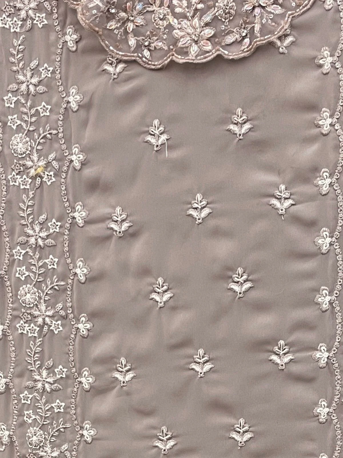 Odette Beige Georgette Embroidered Semi-Stitched Kurta Set For Women - Image 3