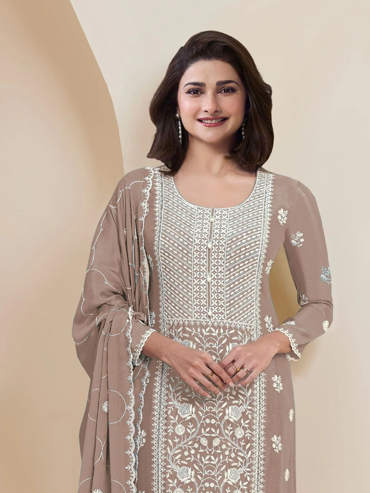 Odette Beige Georgette Embroidered Semi-Stitched Kurta Set For Women - Image 2