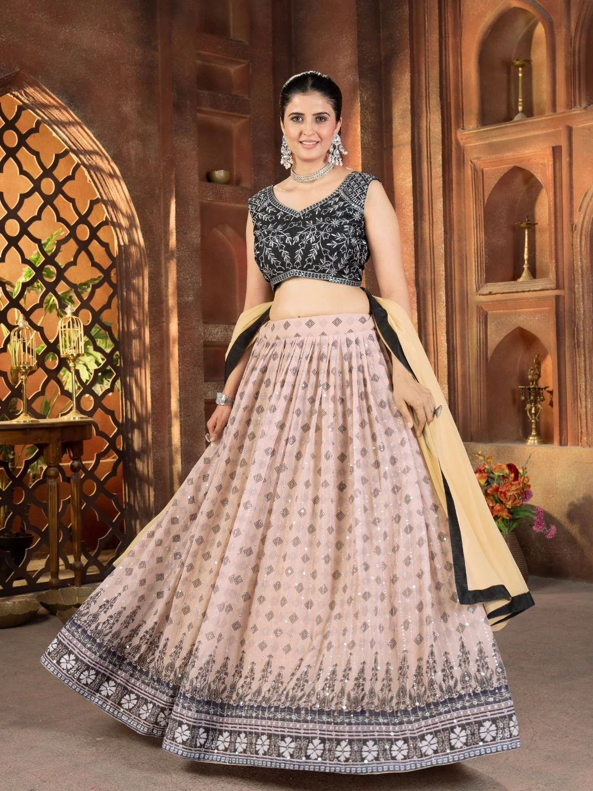 Odette Beige Georgette Embroidered Semi Stitched Lehenga For Women - Image 2