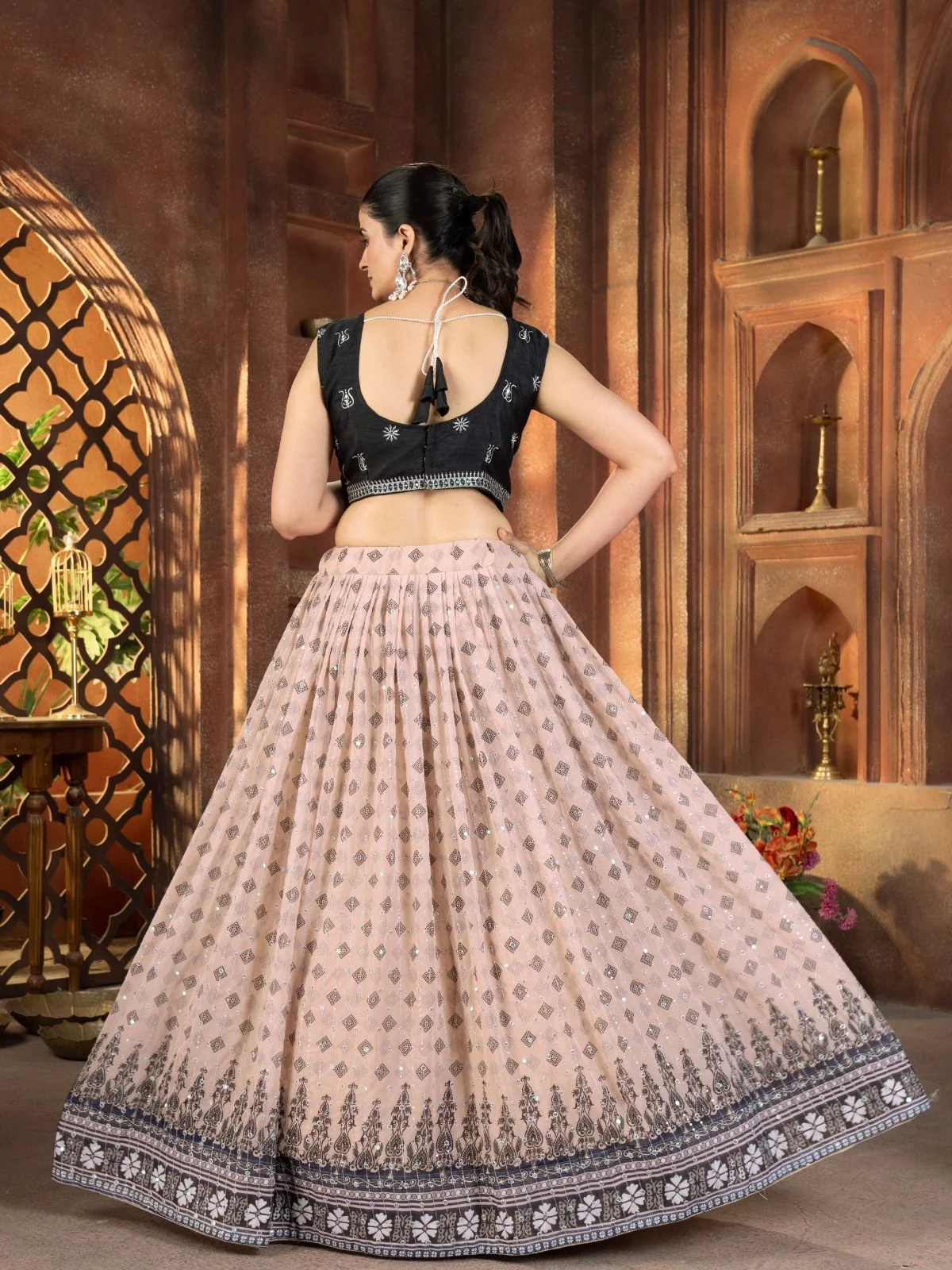 Odette Beige Georgette Embroidered Semi Stitched Lehenga For Women - Image 3