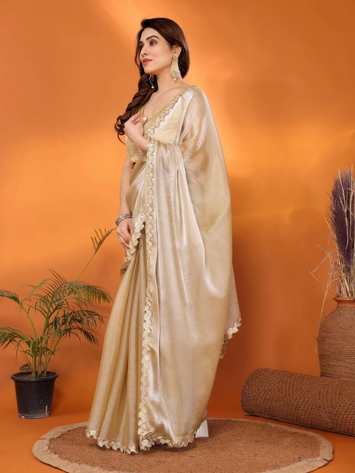 Odette Beige Georgette Lace Work Saree For Women - Image 2