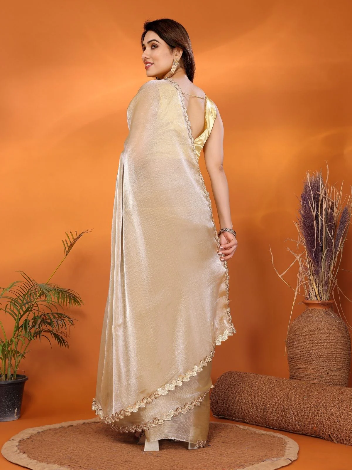 Odette Beige Georgette Lace Work Saree For Women - Image 3