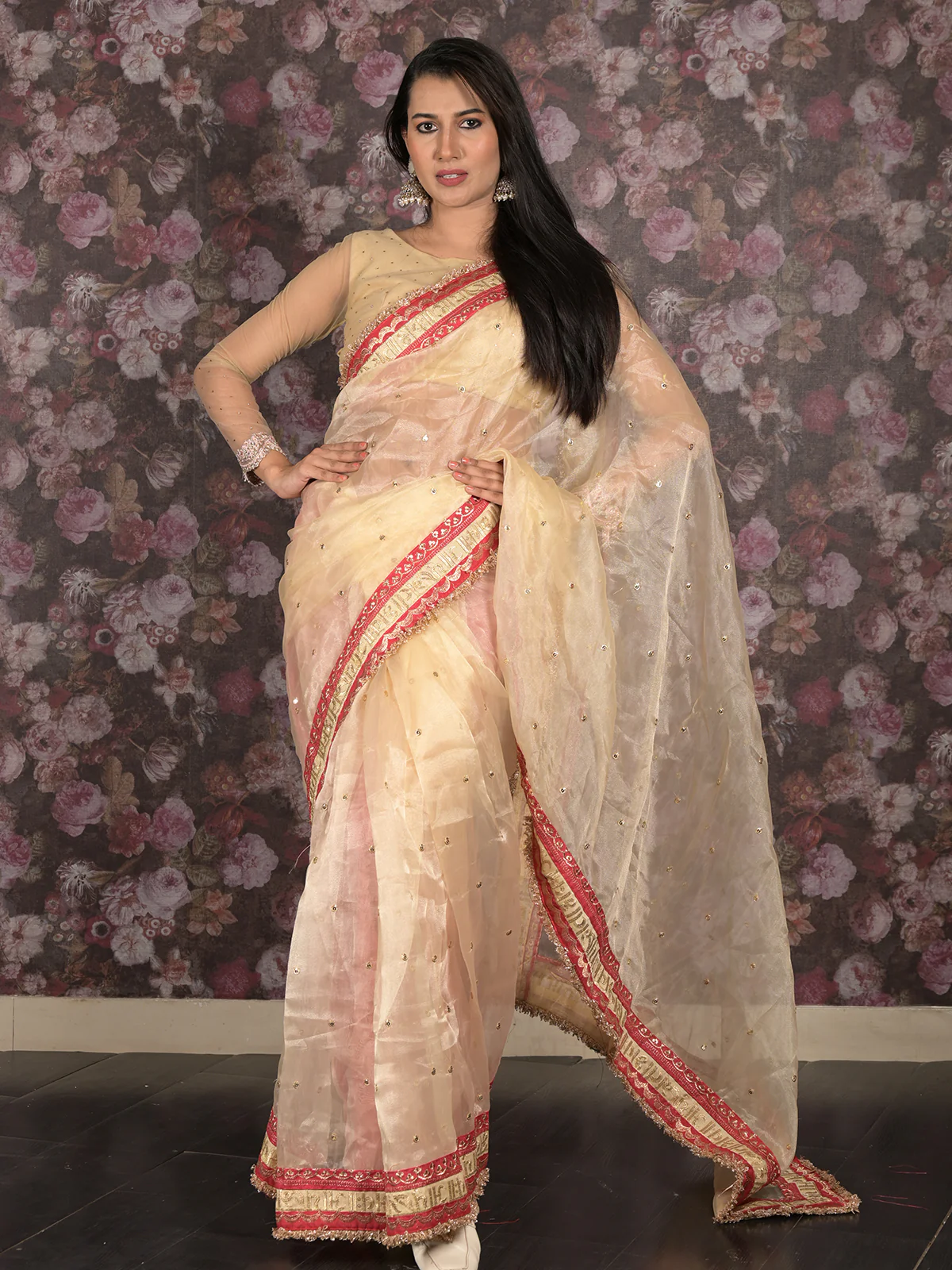 Odette Beige Gota and Sequins Embroidered Organza Saree with Unstitched Blouse for Women - Image 2