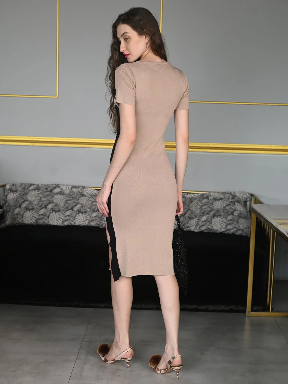Odette Beige Knit Lycra Solid Bodycon Dress For women - Image 4