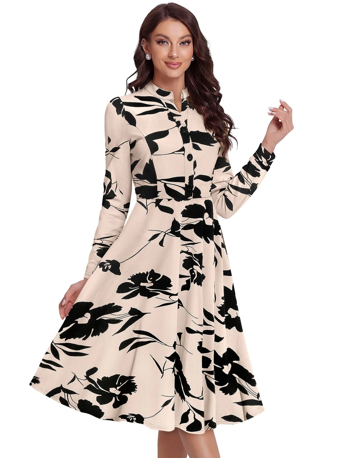 Odette Beige Knit Printed Dress For Women - Image 3