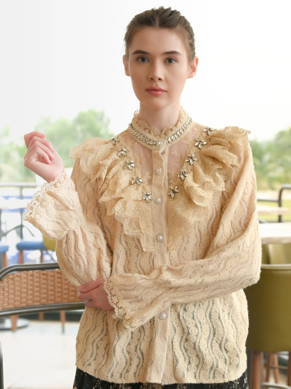 Odette Beige Lace Textured Top For Women - Image 2