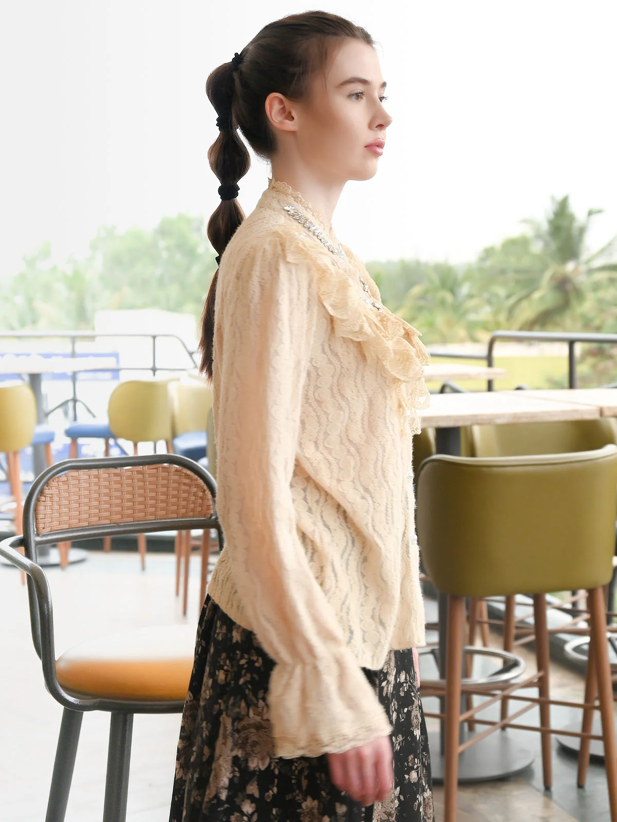 Odette Beige Lace Textured Top For Women - Image 4