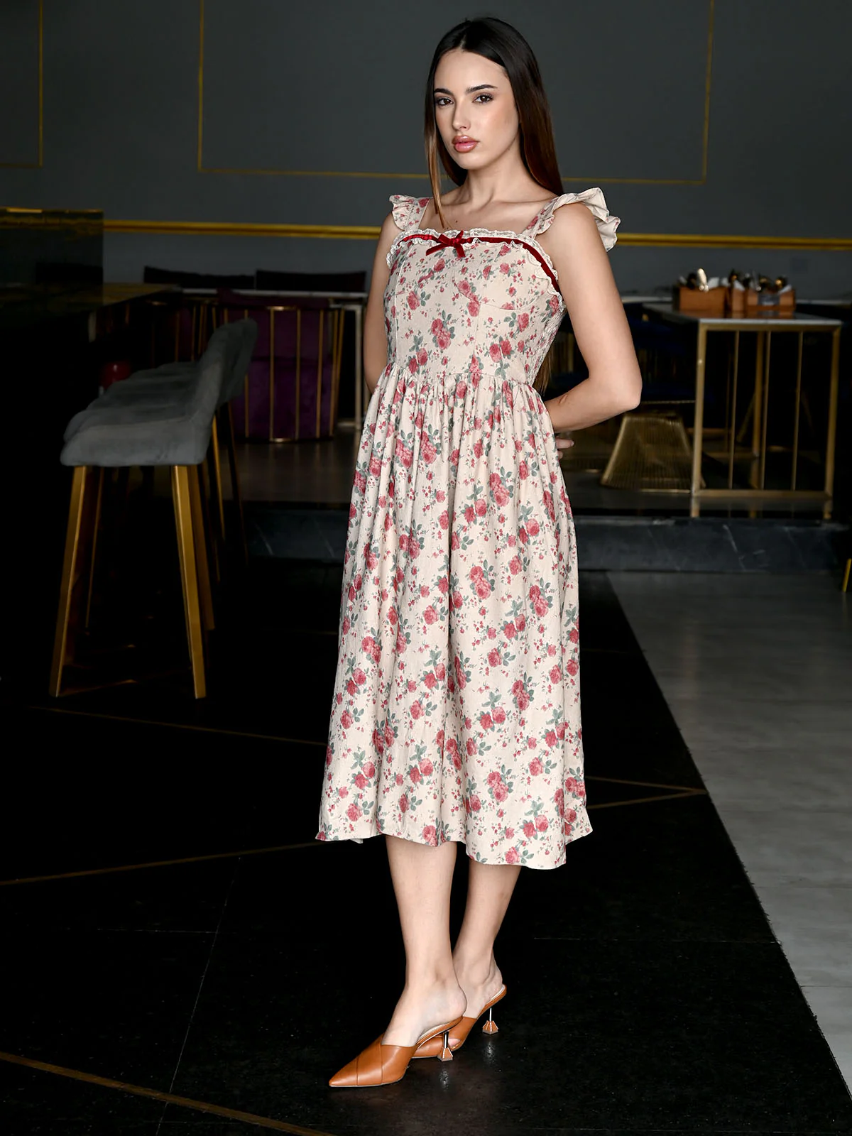 Odette Beige Light Corduroy Printed Dress For Women - Image 3
