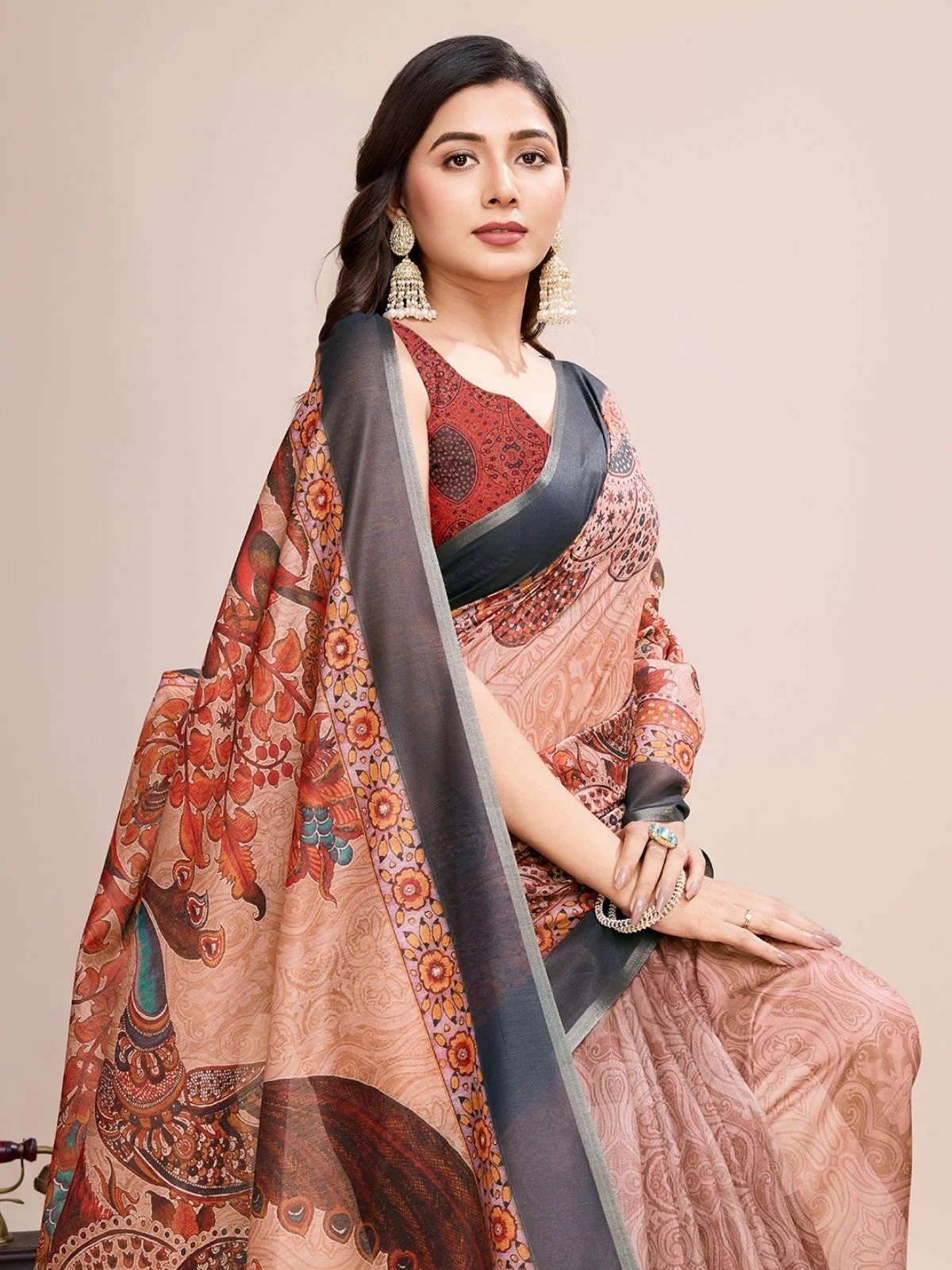 Odette Beige Linen Printed Saree With Unstitched Blouse For Women - Image 3