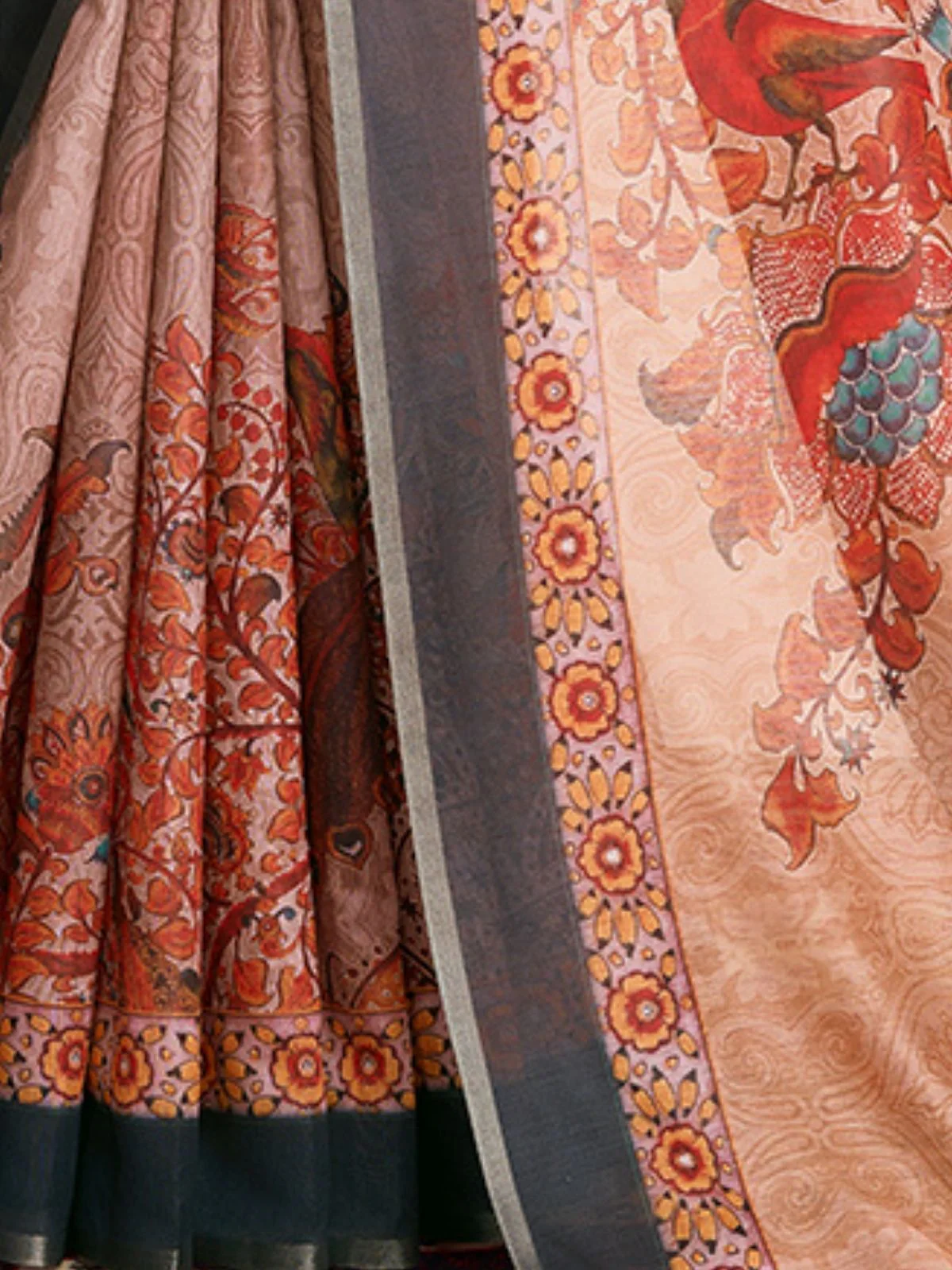 Odette Beige Linen Printed Saree With Unstitched Blouse For Women - Image 4