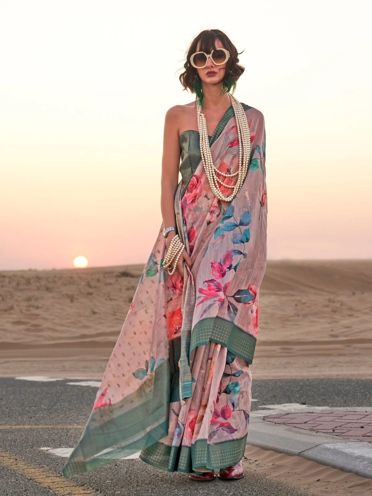 Odette Beige Linen Printed Saree With Unstitched Blouse For Women - Image 2