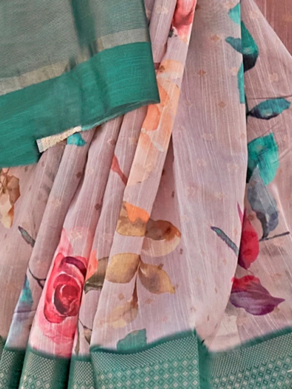 Odette Beige Linen Printed Saree With Unstitched Blouse For Women - Image 3