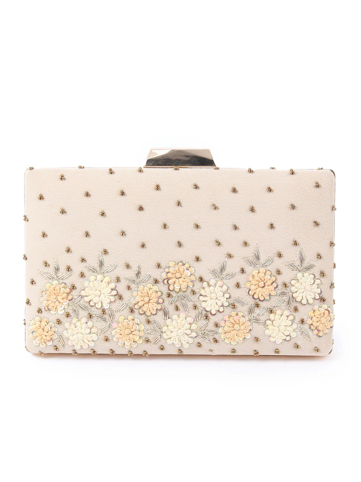 Odette Beige Metal Embroidered Clutch Bag For Women - Image 3