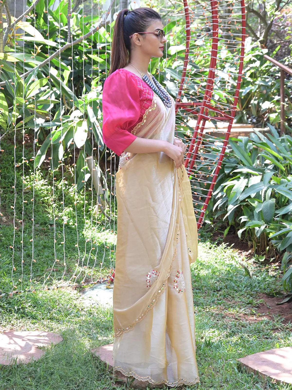 Odette Beige Mirror Work Embroidered Saree with Unstitched Blouse for Women - Image 2