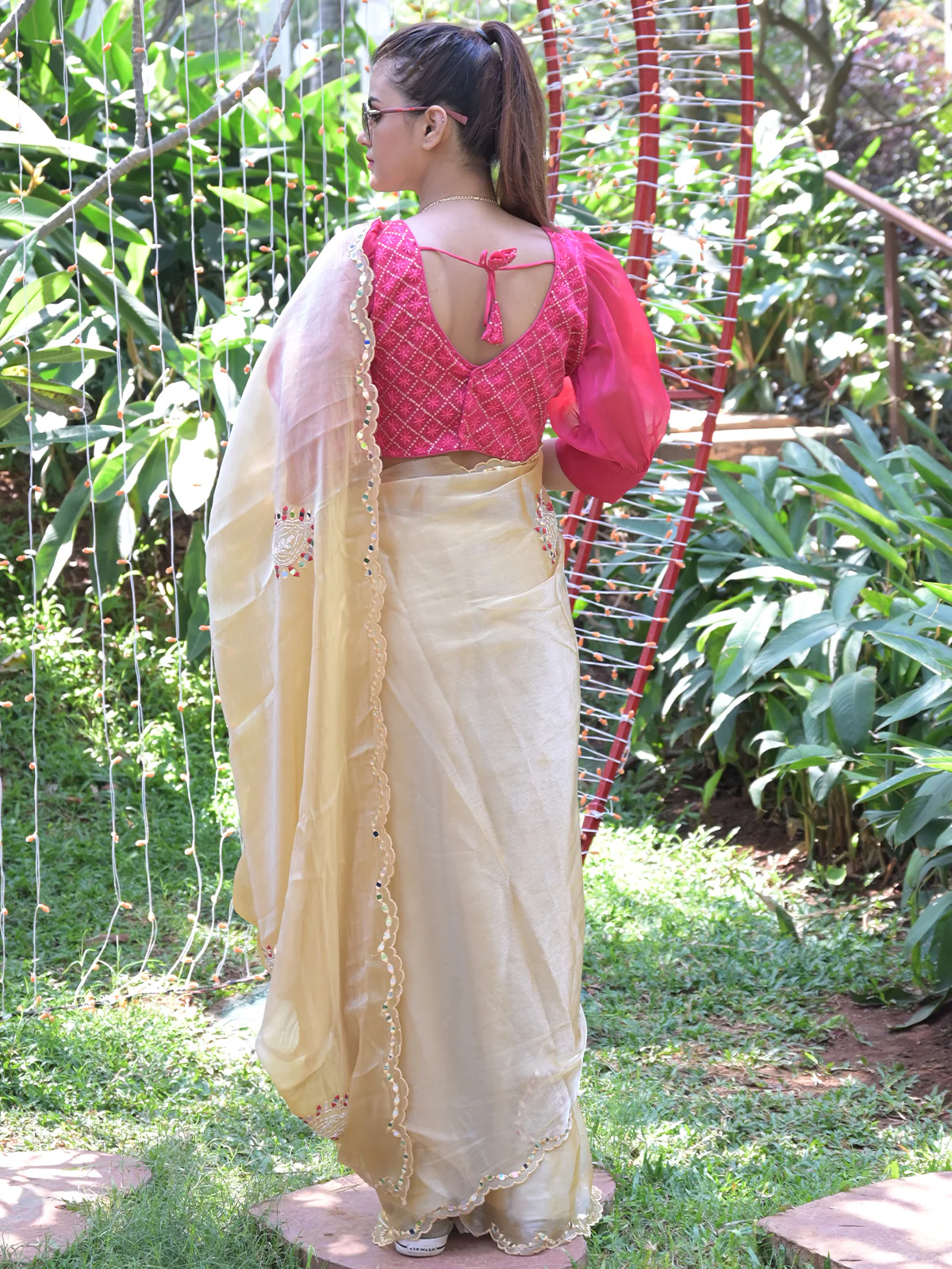 Odette Beige Mirror Work Embroidered Saree with Unstitched Blouse for Women - Image 3
