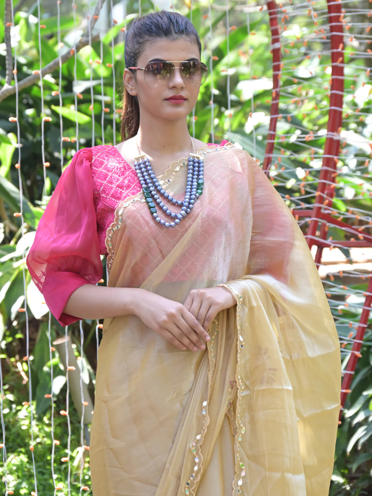 Odette Beige Mirror Work Embroidered Saree with Unstitched Blouse for Women - Image 4