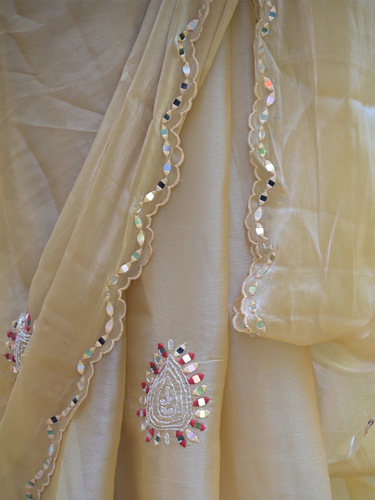 Odette Beige Mirror Work Embroidered Saree with Unstitched Blouse for Women - Image 5