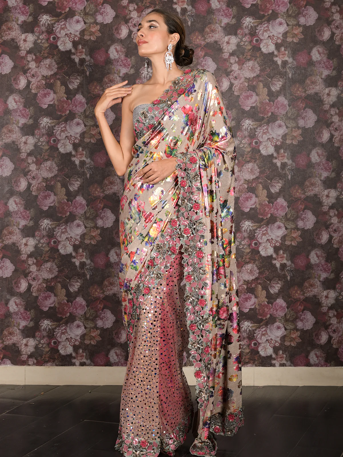 Odette Beige Net And Shimmer Half-Half Printed Saree With Unstitched Blouse For Women - Image 2