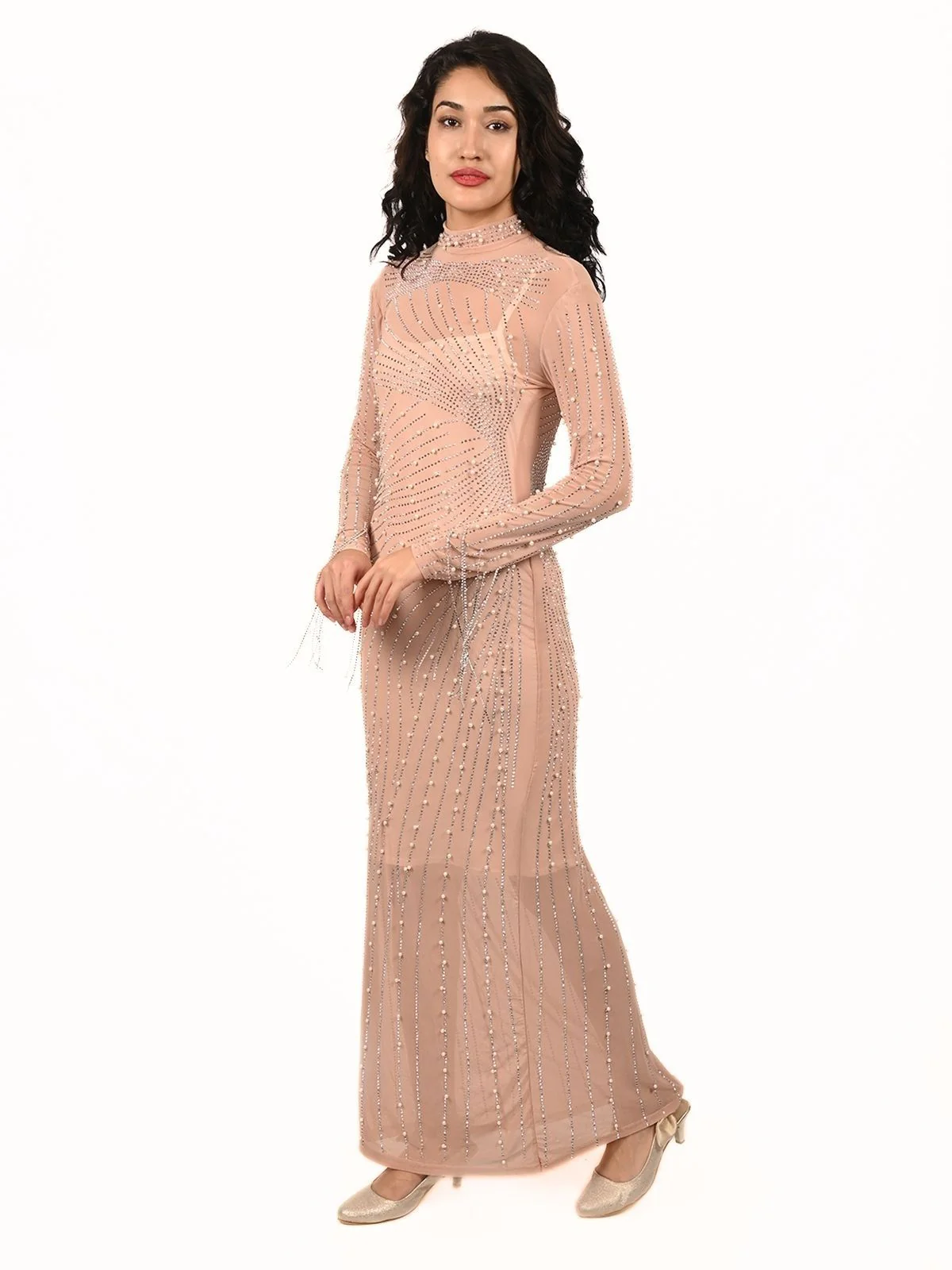 Odette Beige Net Embellished Dress For Women - Image 2