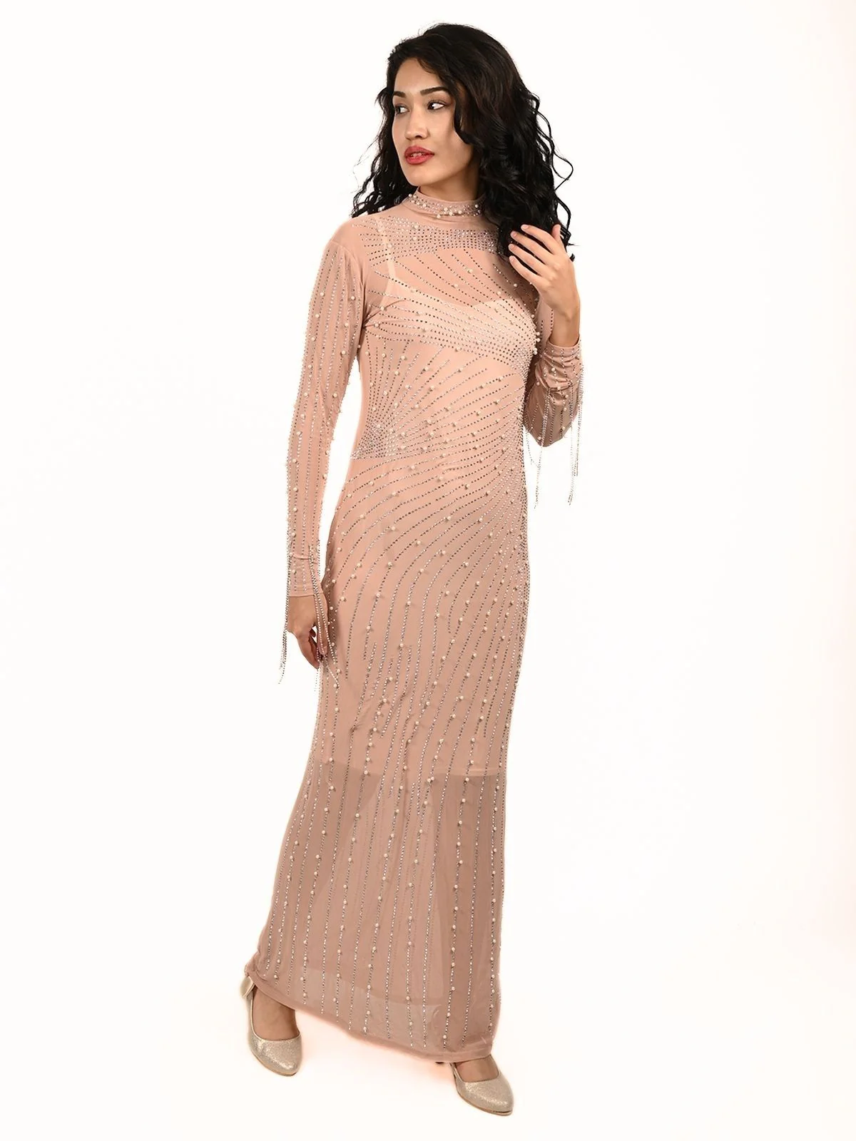 Odette Beige Net Embellished Dress For Women - Image 4