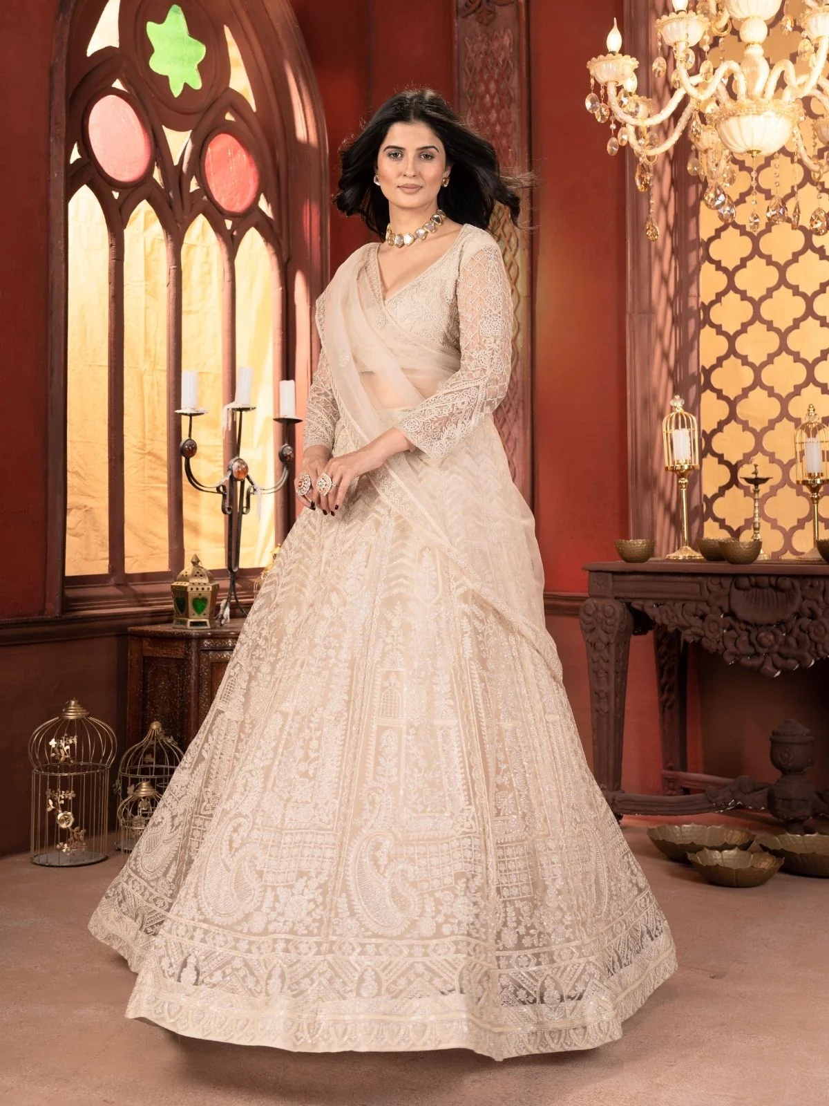 Odette Beige Net Embellished Semi Stitched Lehenga For Women - Image 2