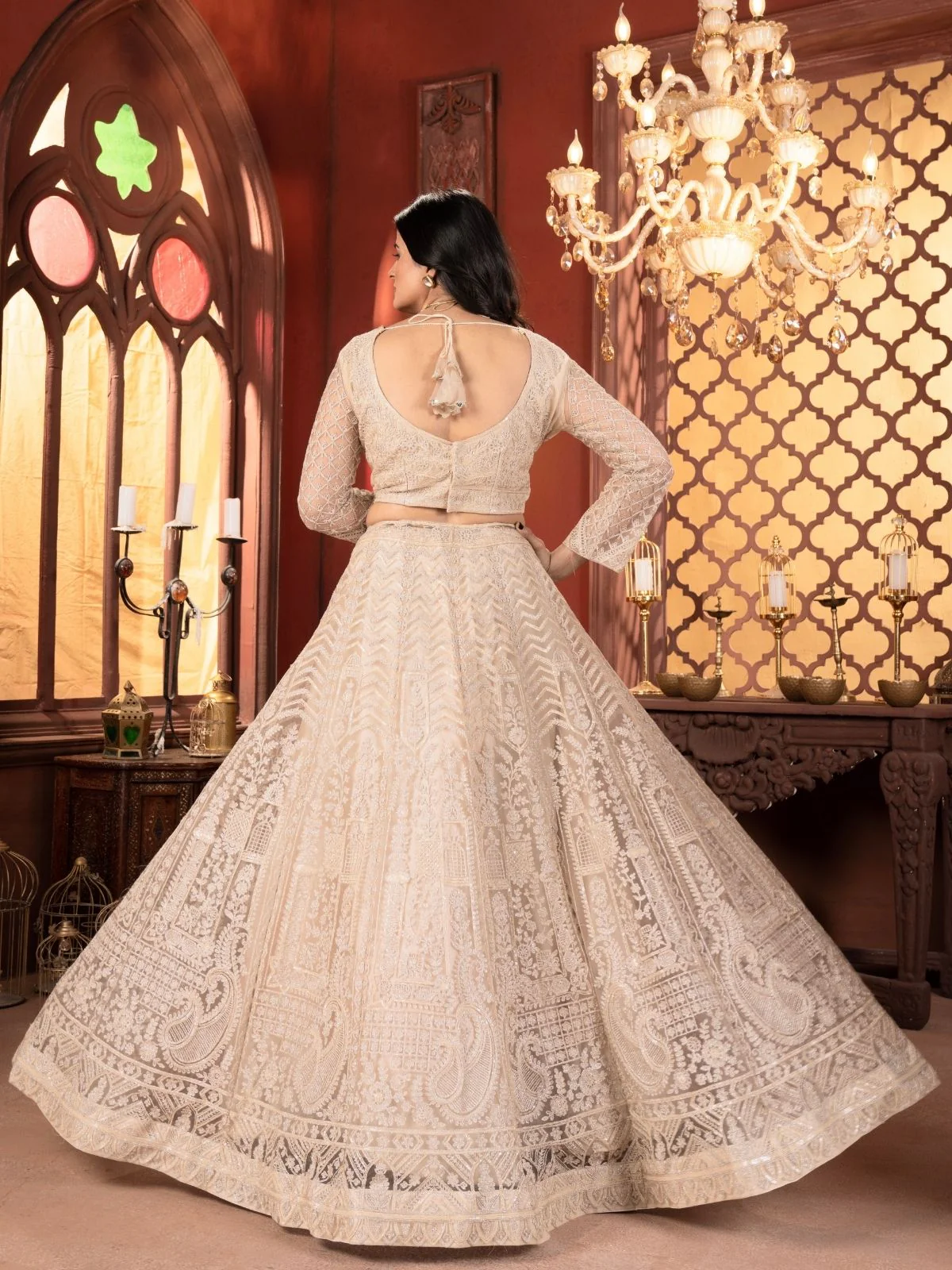 Odette Beige Net Embellished Semi Stitched Lehenga For Women - Image 3