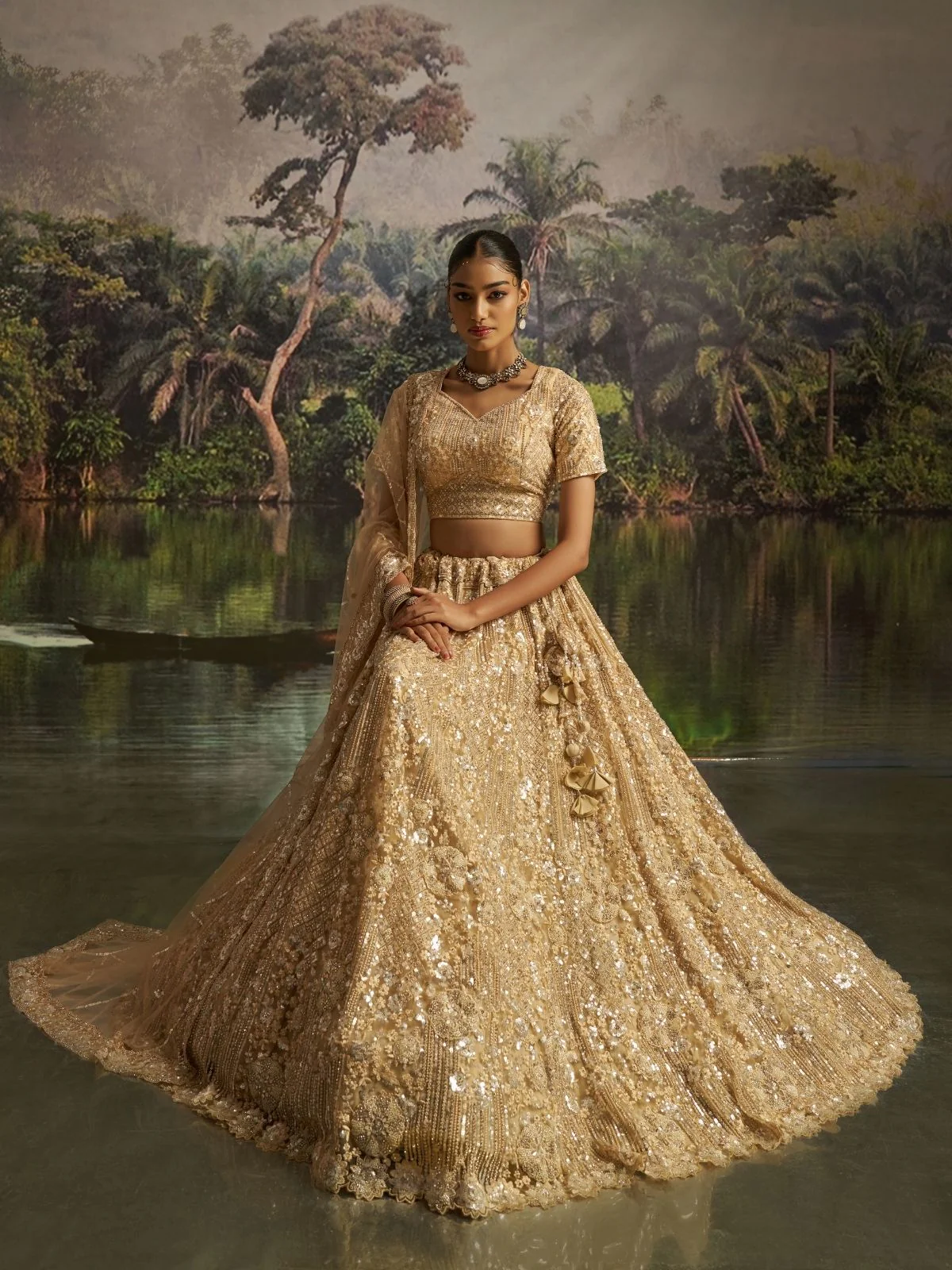 Odette Beige Net Embellished Semi-Stitched Lehenga For Women - Image 4