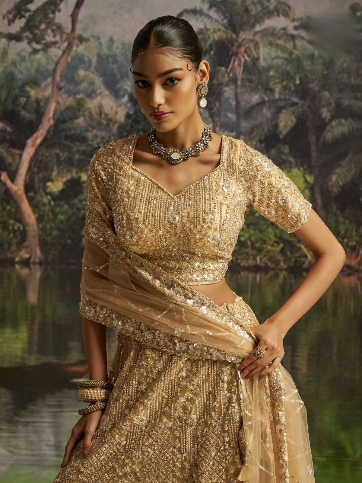 Odette Beige Net Embellished Semi-Stitched Lehenga For Women - Image 5