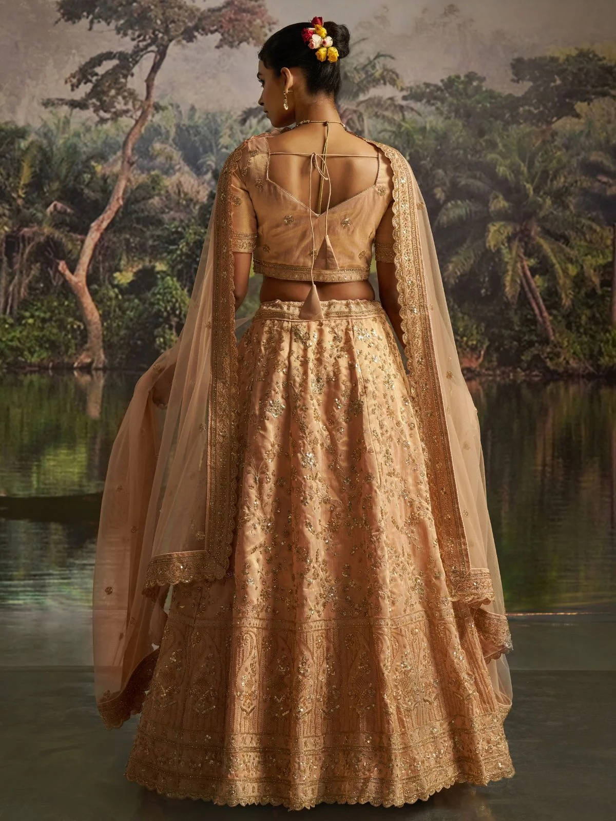 Odette Golden Beige Net Embellished Semi-Stitched Lehenga For Women - Image 2