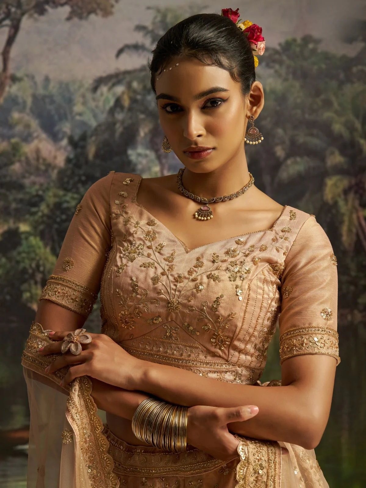 Odette Golden Beige Net Embellished Semi-Stitched Lehenga For Women - Image 5