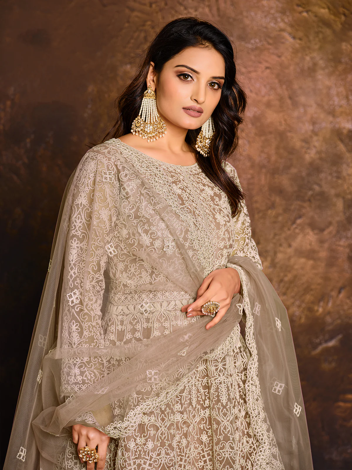 Odette Beige Net Embroidered Semi stitched Kurta Set with Inner For Women - Image 3