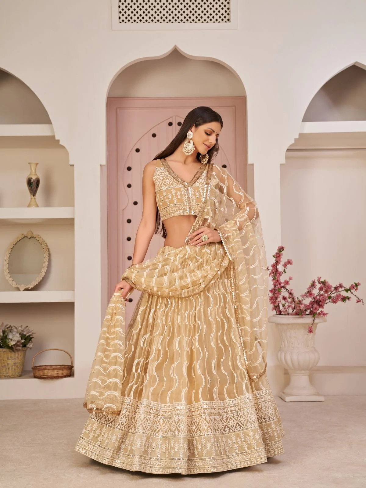 Odette Beige Net Embroidered Semi Stitched Lehenga For Women - Image 2