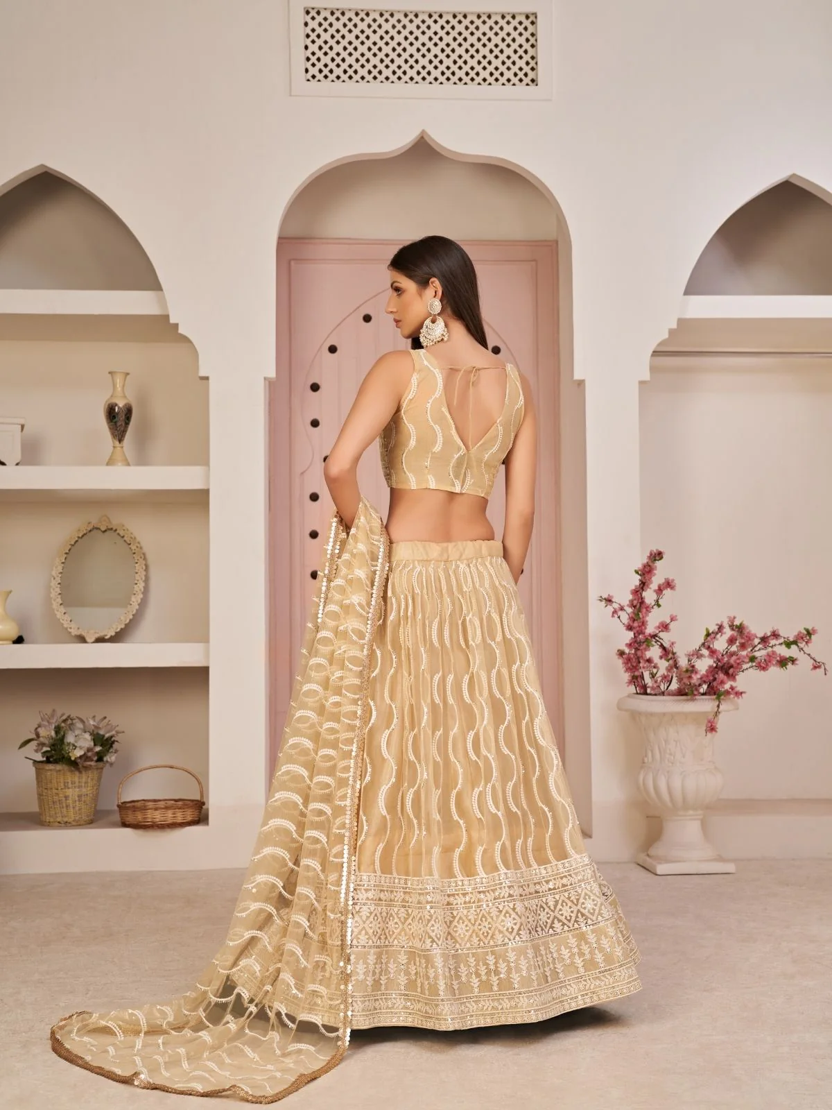 Odette Beige Net Embroidered Semi Stitched Lehenga For Women - Image 3