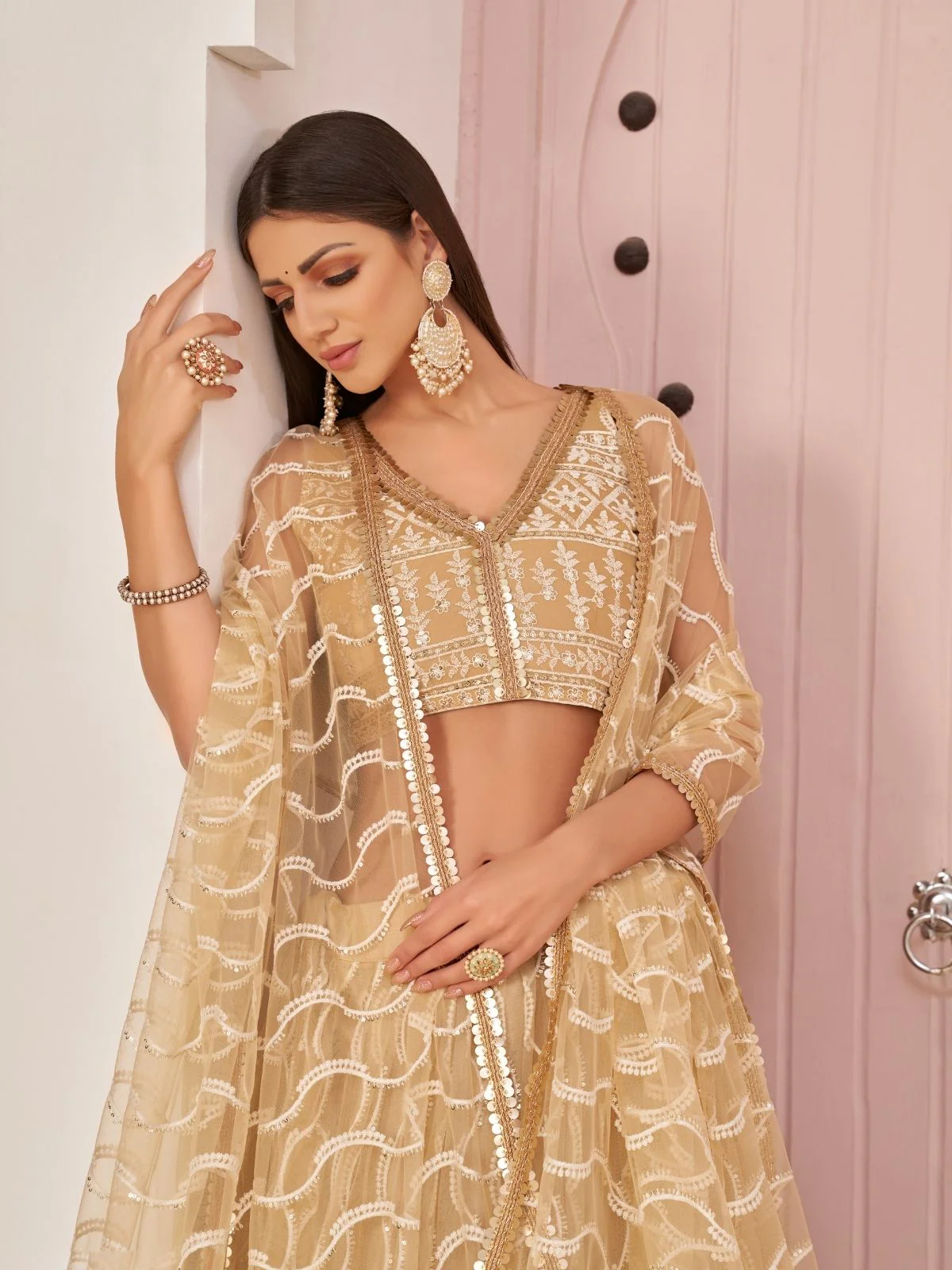 Odette Beige Net Embroidered Semi Stitched Lehenga For Women - Image 4