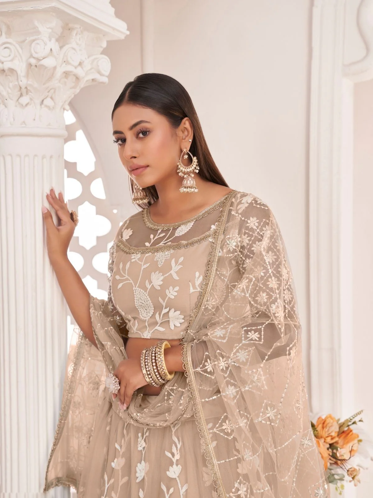 Odette Beige Net Embroidered Semi Stitched Lehenga For Women - Image 2