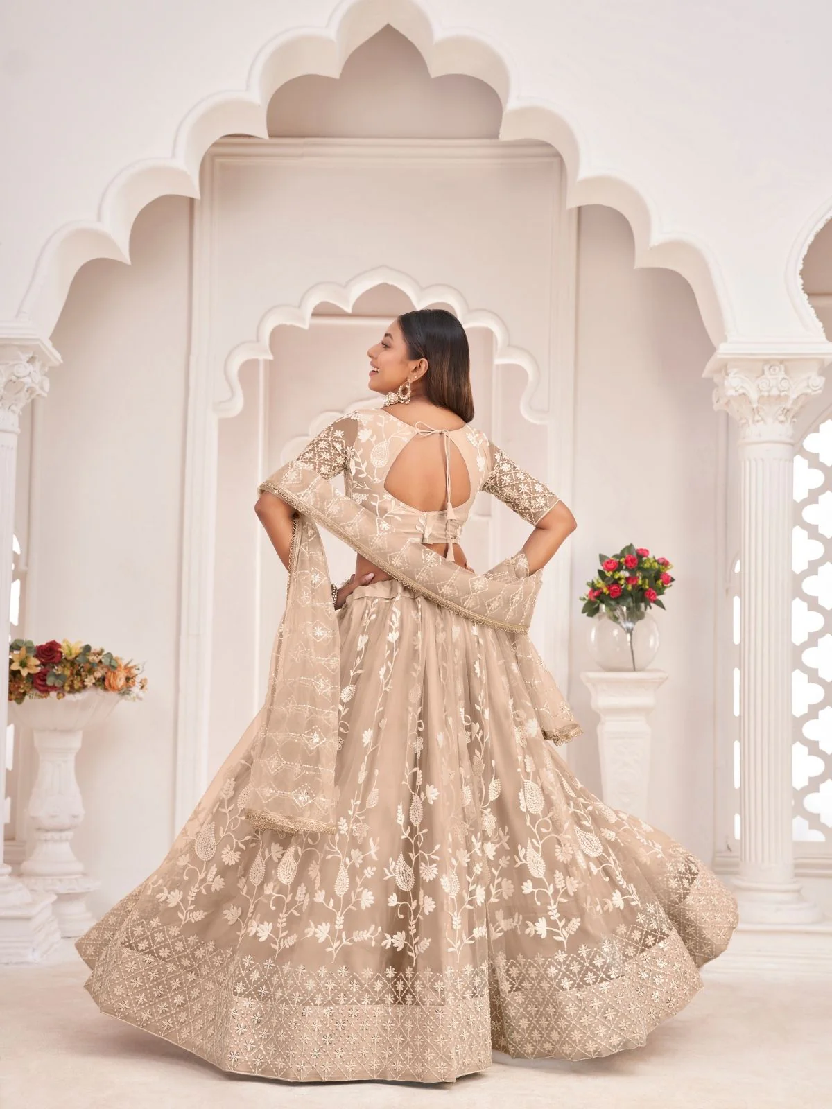 Odette Beige Net Embroidered Semi Stitched Lehenga For Women - Image 3