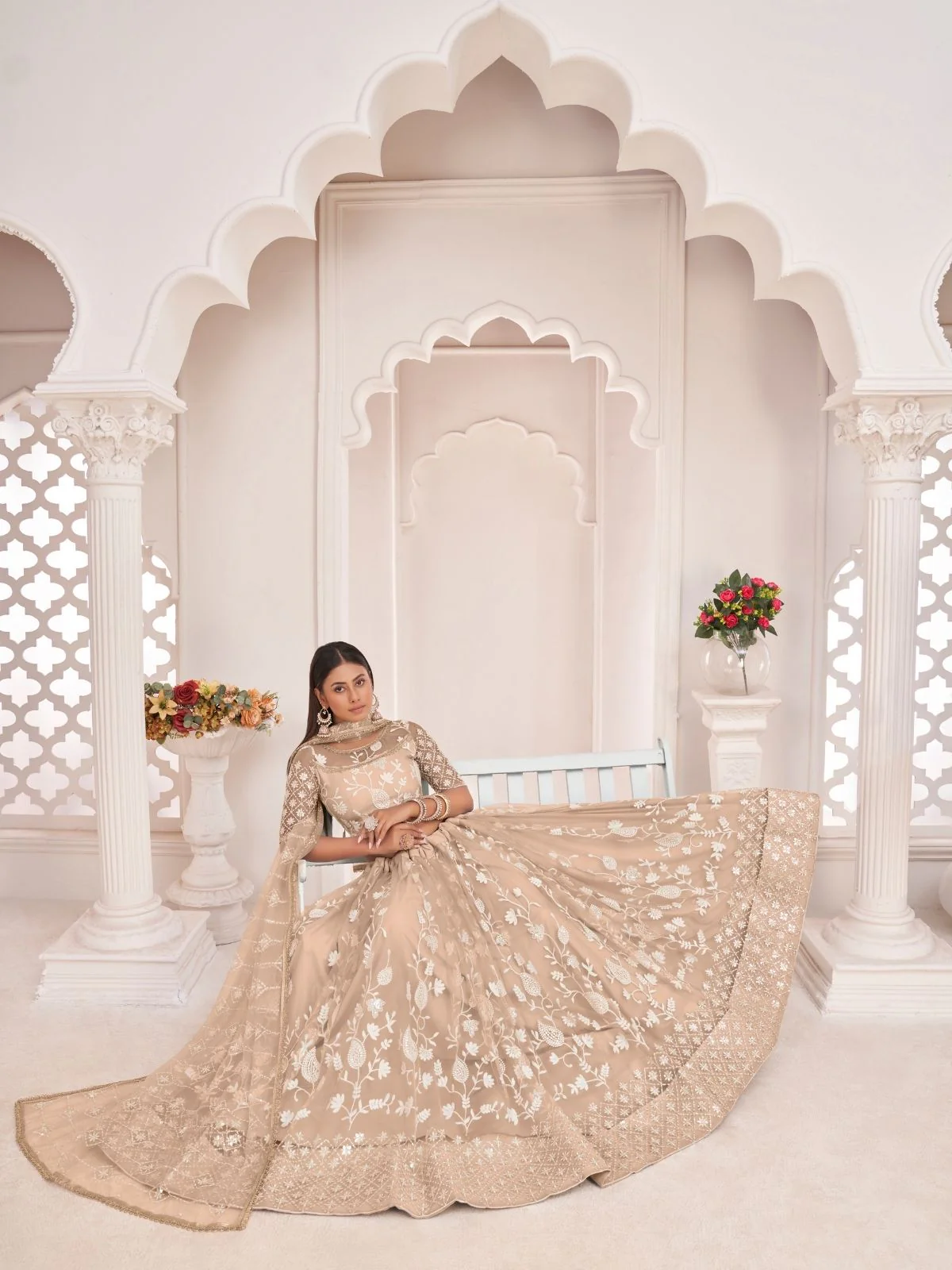 Odette Beige Net Embroidered Semi Stitched Lehenga For Women - Image 4