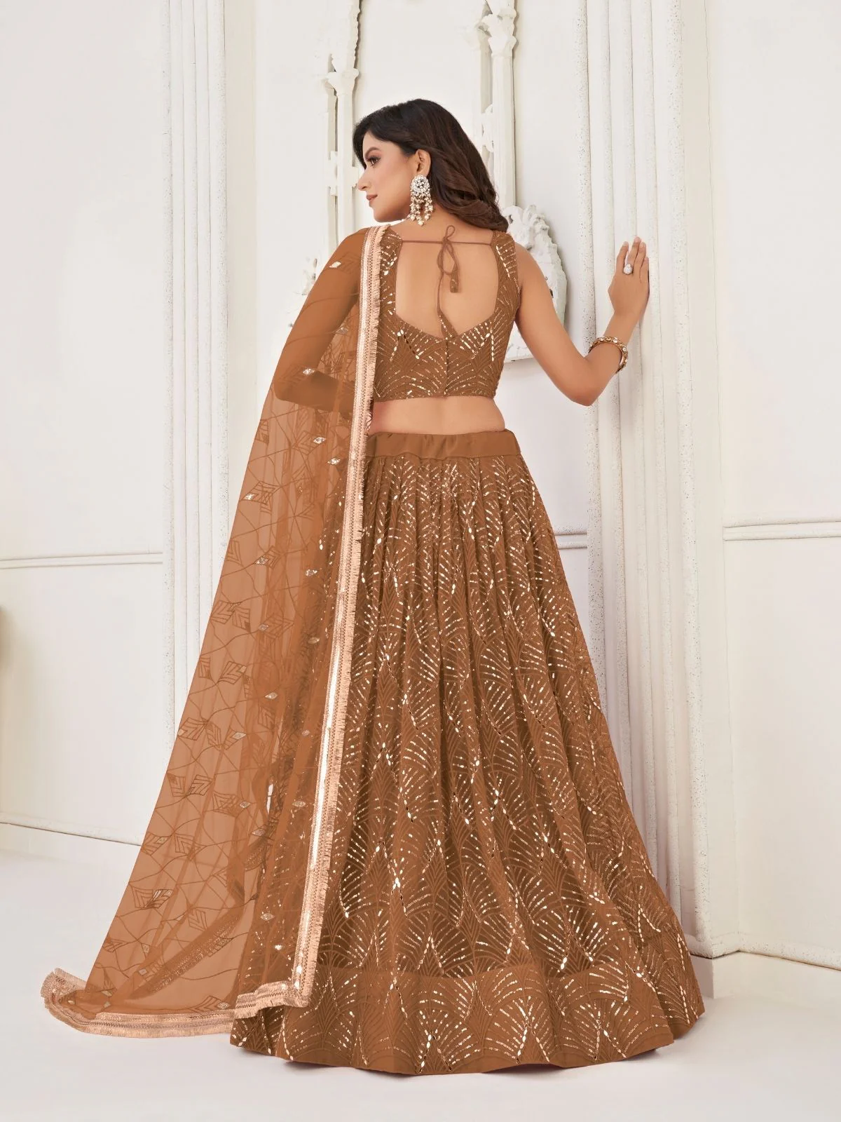 Odette Beige Net Embroidered Semi Stitched Lehenga For Women - Image 3