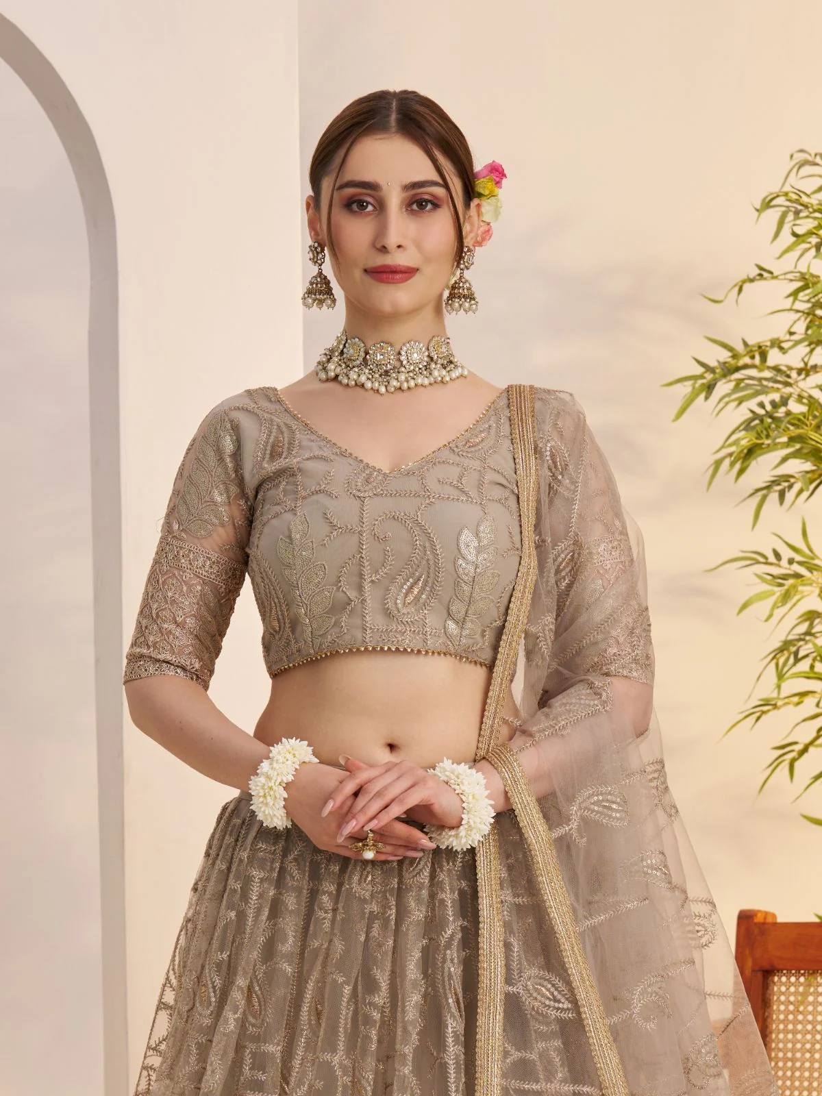 Odette Beige Net Embroidered Semi Stitched Lehenga For Women - Image 4